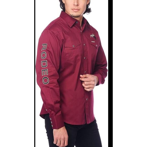 Rodeo Long Sleeve Pearl Snap Shirt Size XL Western Cowboy Maroon Red - Picture 8 of 8
